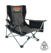 Valley Event Chair with Large Storage Pocket, Drink Holder, Cushioned Back, Adjustable Arm, High-Tensile Steel Frame, Weight Rated 120kg, Headrest Storage Pocket, Carry Bag with Shoulder Strap